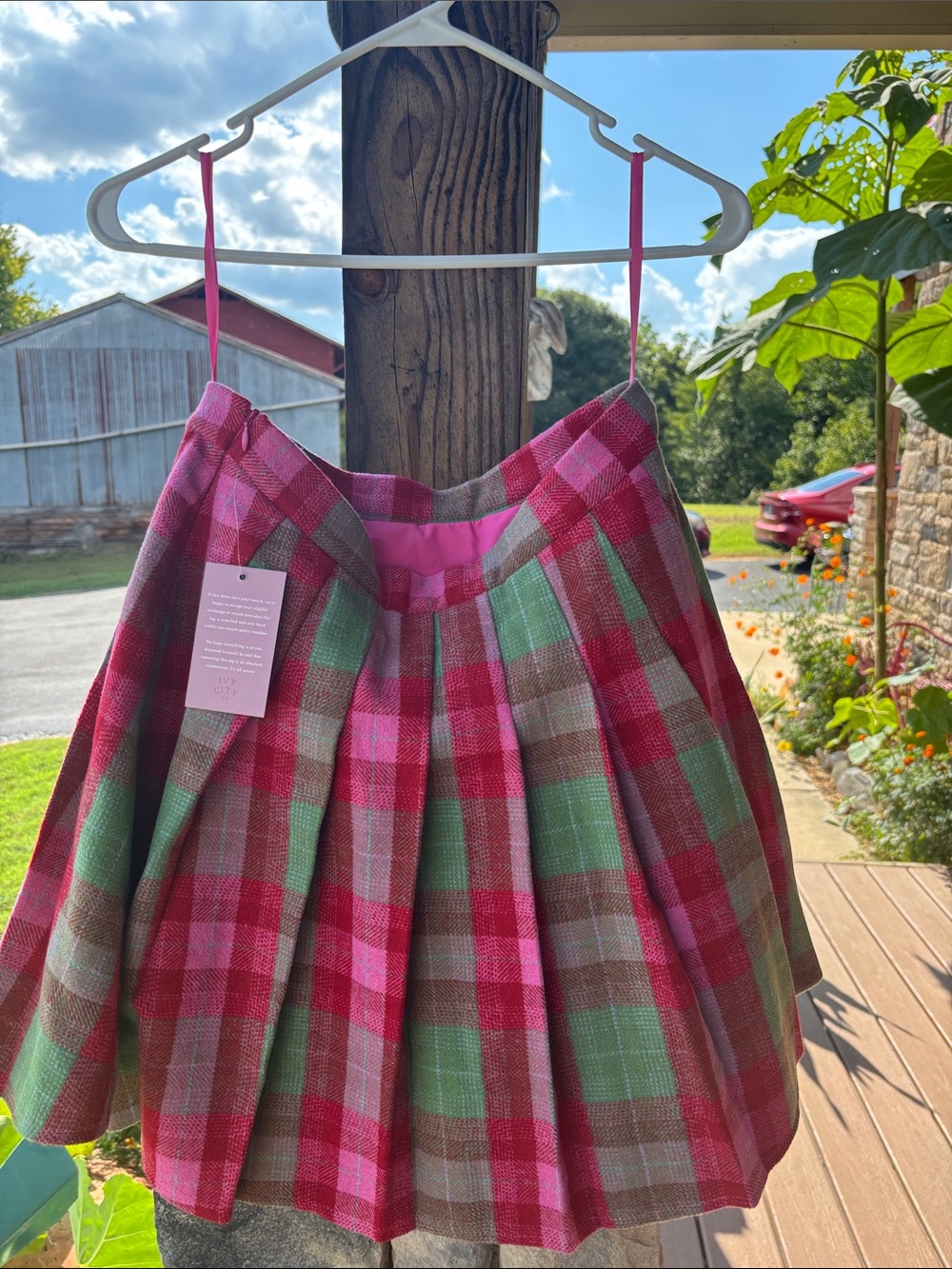 Ivy City Co Pink & Green Plaid Pleated Skirt